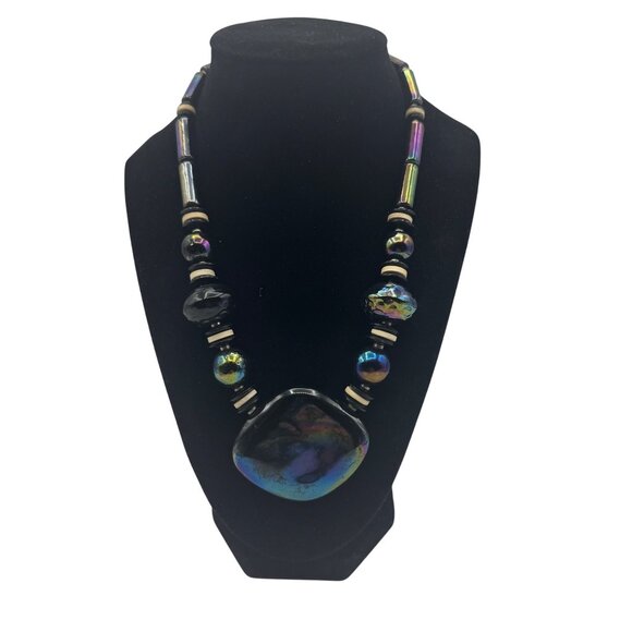 Iridescent Glass Beaded Statement Necklace With Large Centerpiece & Barrel Clasp - Picture 1 of 4